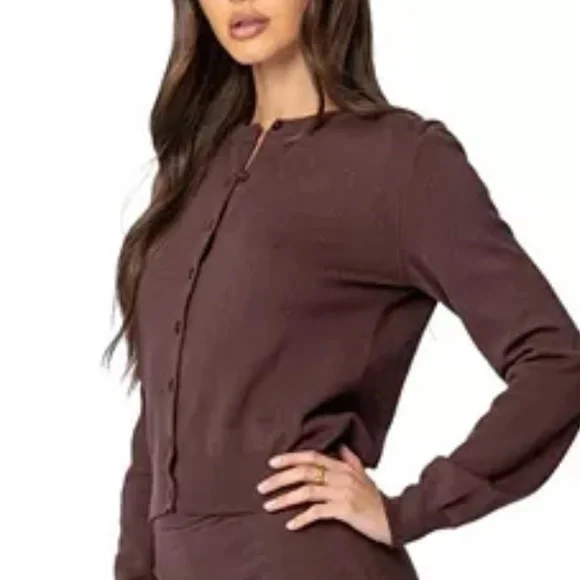 August Silk Silk Blend Chocolate Brown Long Sleeve Button Front Cardigan Sweater - Picture 2 of 11